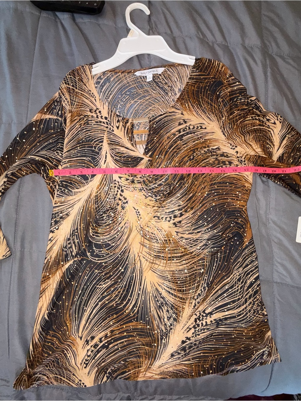 Emily Daniels Gold & Black Feather Print Keyhole Top Size Large - Picture 3 of 7